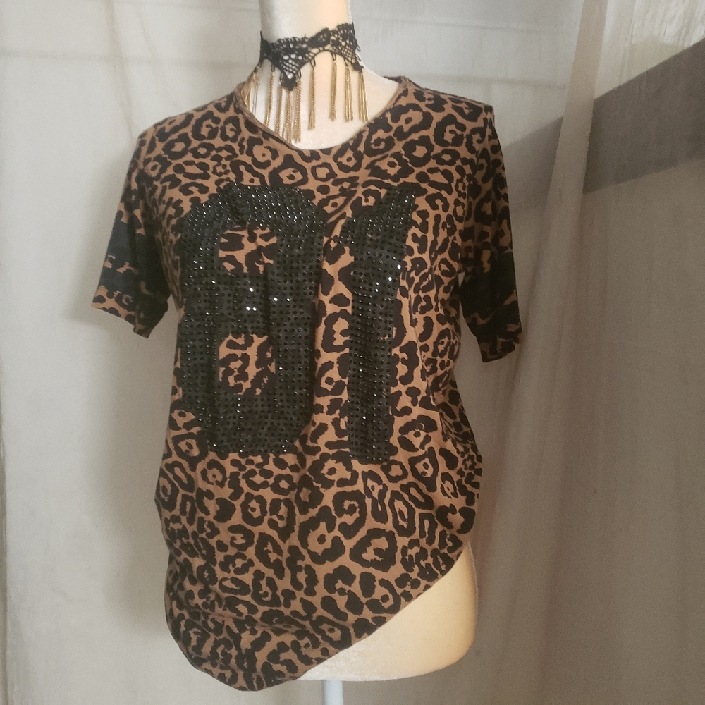 Guess Leopard Print "81" Stamped Tunic short sleeve  XSmall Preloved Viintage - Picture 8 of 16